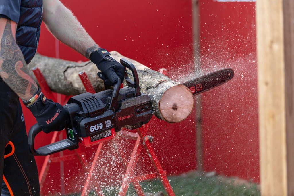 Kress - Lifestyle Product Photography Shoot, Chainsaw cutting Logs